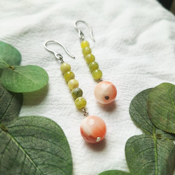 Boho Gemstone Dangle Earrings – Handmade Jewelry, Green & Pink Chalcedony - Picture 2 of 7